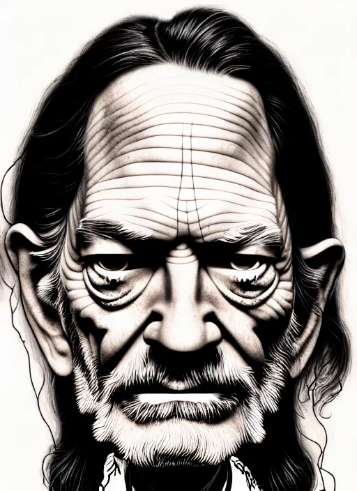 Prompt: an extremely detailed masterpiece grunge head and shoulders drawing of an old willie nelson, in the style of richard avedon, after life, loony toons style, horror themed, detailed, elegant, intricate, trending on artstation, 4 k