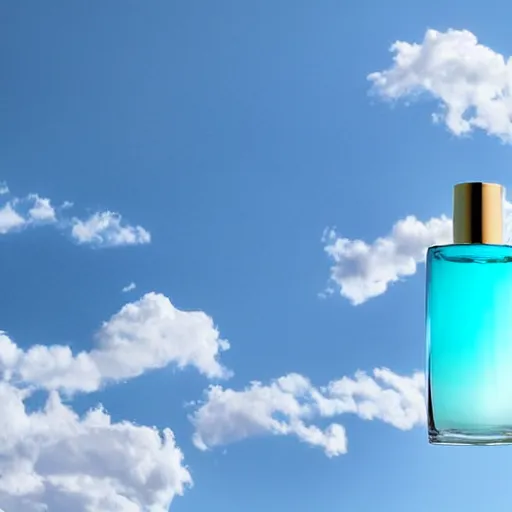 Image similar to airy bright perfume bottle floating on a cloud in the sky, covered in whispy clouds, with dreamy light blue sky and clouds in the background, softly - lit, soft - warm, zen, light, modern minimalist f 2 0 clean