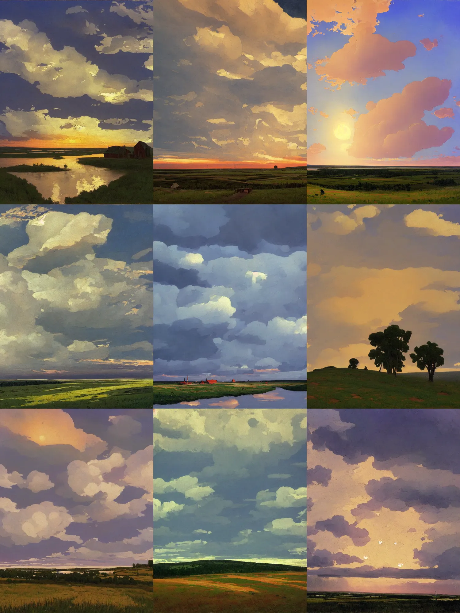 Image similar to painting in the style of Isaac Levitan, Savrasov, arkhip kuindzhi, T Allen Lawson and Ian Fisher and sidney richard percy, wide river and tiny house on the top of the hill, dream heavenly cloudy sky, horzon, hurricane stromy clouds, sunset sunrise, volumetric lighting, very beautiful scenery, pastel colors, ultra view angle view