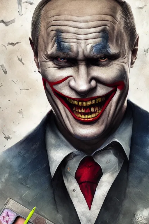 Image similar to vladimir putin as a joker, realistic, high definition, 4 k, shimmering color, hyper detailed, art of greg rutkowski and magali villeneuve and artgerm