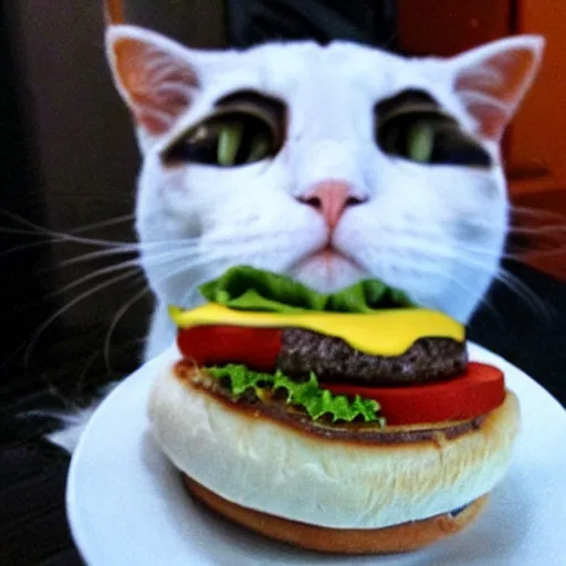 Prompt: A hamburger with a cat head bun, photo realistic