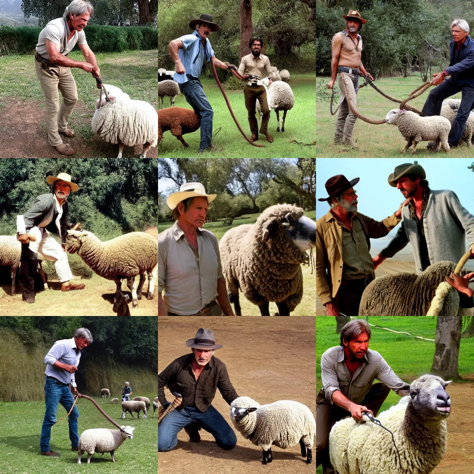 Prompt: Indian Jones (Harrison Ford, 40 years old) taming a sheep with his whip