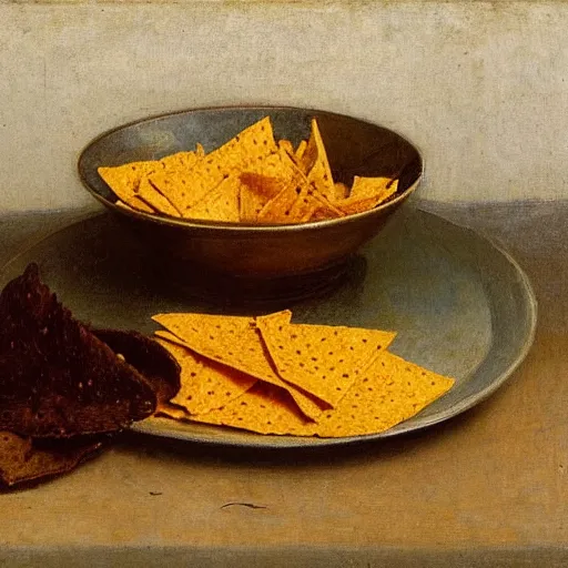 Prompt: Realistic still life of a bowl of doritos, mountain dew, by Fantin-Latour, 1866,