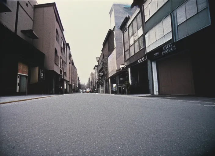 Prompt: A disposable camera picture of an empty street, Kodak Fling 200, 1983