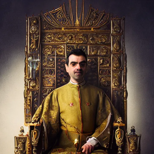 Image similar to A portrait of Mr. Bean depicted as a medieval king on throne, close up shot, atmospheric lighting, painted, intricate, volumetric lighting, beautiful, rich deep colours masterpiece, golden hour, sharp focus, ultra detailed, by Leesha Hannigan, Ross Tran, Thierry Doizon, Kai Carpenter, Ignacio Fernández Ríos