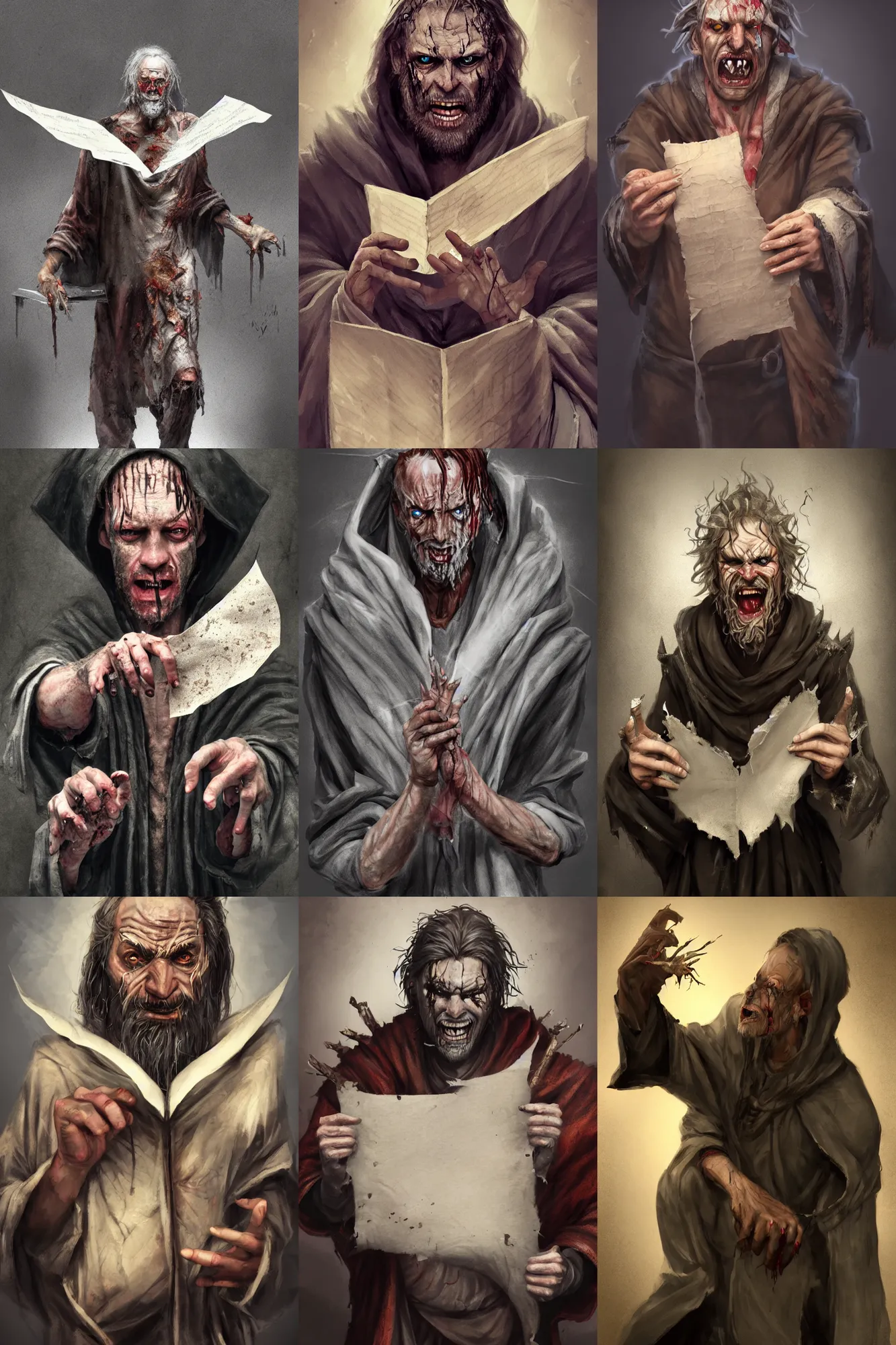 Prompt: A deranged filthy man wearing damaged ripped robes holding a magic paper scroll, long fingernails, unclipped fingernails, sharp fingernails, focus on face, sharp focus, digital painting, trending on artstation, concept art, fantasy, medieval