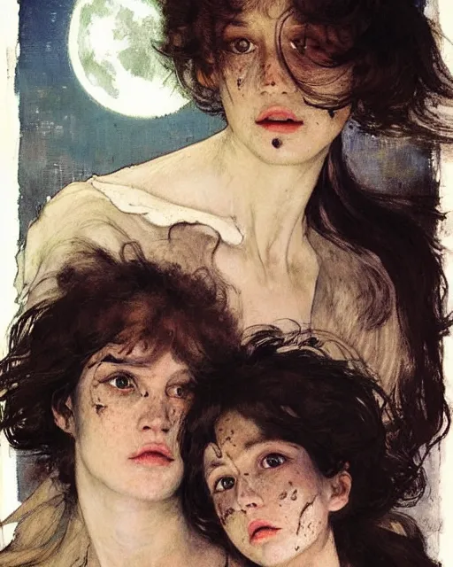 Image similar to two gorgeous but creepy siblings in layers of fear, with haunted eyes and wild hair, 1 9 7 0 s, seventies, wallpaper, a little blood, moonlight showing injuries, delicate embellishments, painterly, offset printing technique, by coby whitmore, jules bastien - lepage