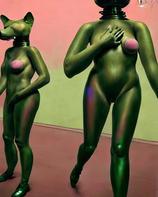 Prompt: hyperrealistic hyperdetailed postmodern furry mechanical iridescent pink humanoids performing concept art santiago caruso de chirico sharp very dramatic green light 8k low angle shallow depth of field
