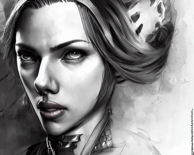 Prompt: portrait of scarlett johansson as street fighter character, detailed face, dark fantasy art, fantasy, pretty, hd shot, digital portrait, beautiful, artstation, comic style, by artgerm, guy denning, jakub rozalski, magali villeneuve, neoartcore and charlie bowater