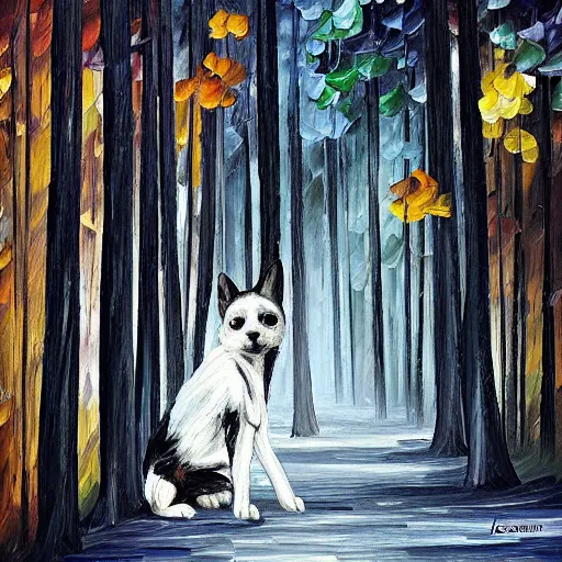 Prompt: “black and white dog in the woods, style of leonid afremov”