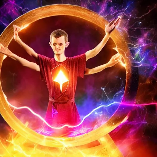 Prompt: Vitalik Buterin as an arcane wizard casting a spell , ethereum logo can be seen in the magic, spell doesnt work due to design flaws - Photo manipulated by DALLE