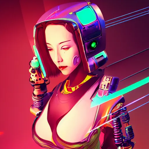 Image similar to a portrait of a cyberpunk robot geisha sorceress, warcore, sharp focus, detailed, artstation, concept art, 3 d + digital art, wlop style, biopunk, neon colors, futuristic, neon noire, storytelling