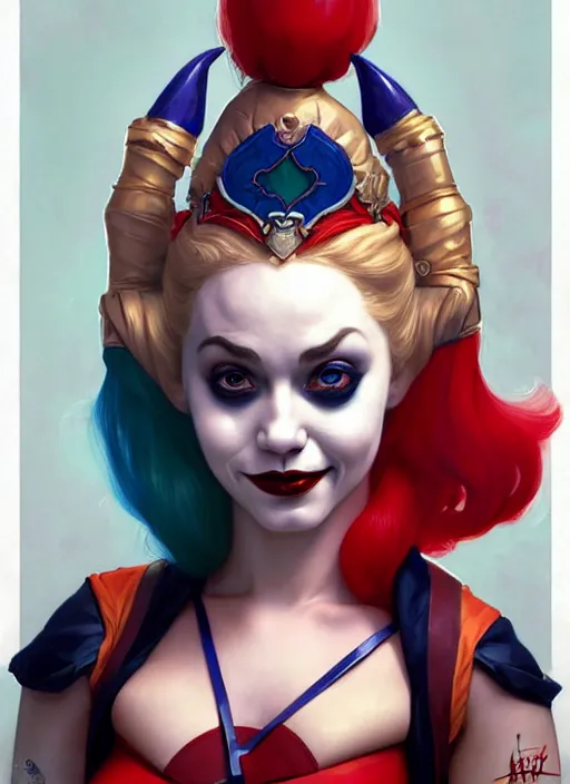 Prompt: harley quinn as a gnome queen, girl, masterpiece, intricate, elegant, highly detailed, my rendition, digital painting, artstation, concept art, smooth, sharp focus, illustration, art by artgerm and greg rutkowski and alphonse mucha and uang guangjian and gil elvgren and sachin teng, symmetry!!