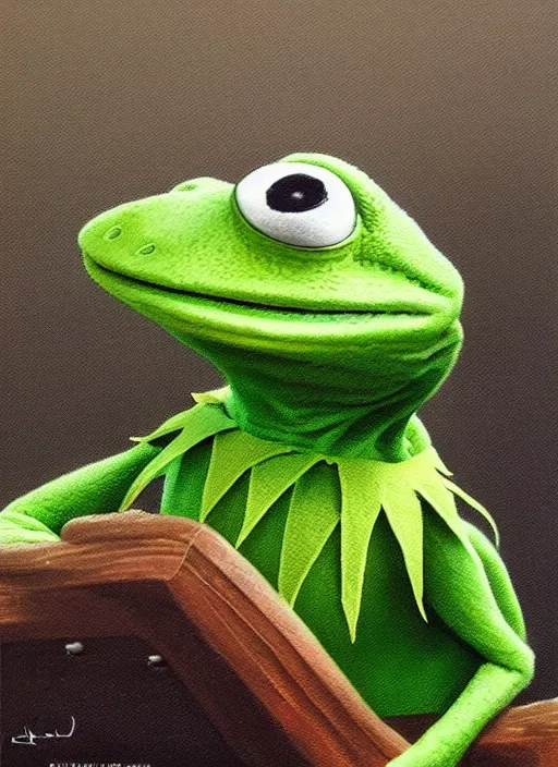 Image similar to portrait of Kermit the frog in ExistenZ (1999), highly detailed, centered, solid color background, digital painting, artstation, concept art, smooth, sharp focus, illustration, artgerm, donato giancola, Joseph Christian Leyendecker, Les Edwards, Ed Repka, WLOP, Artgerm