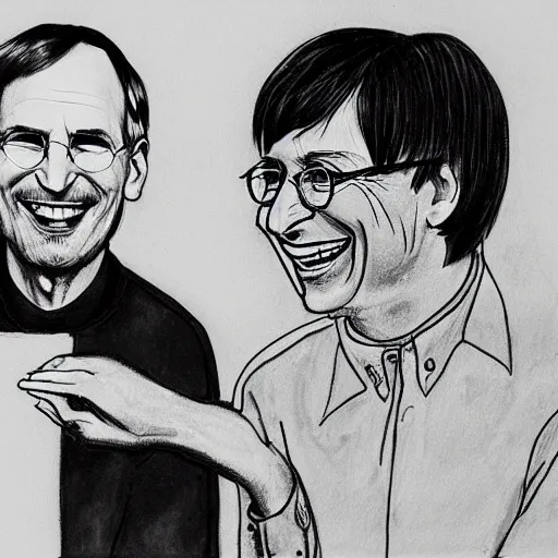 Image similar to Steve Jobs and Bill Gates laughing at an interview, sketch art