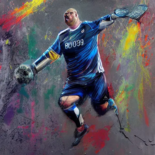 Prompt: A realistic hyperdetailed multi-colored digital oil full body portrait painting of a morbidly obese goal keeper saving a penalty, in the style of Guy Denning, Ruan Jia, and Craig Mullins. Trending on ArtStation and DeviantArt. CGSociety Digital art.