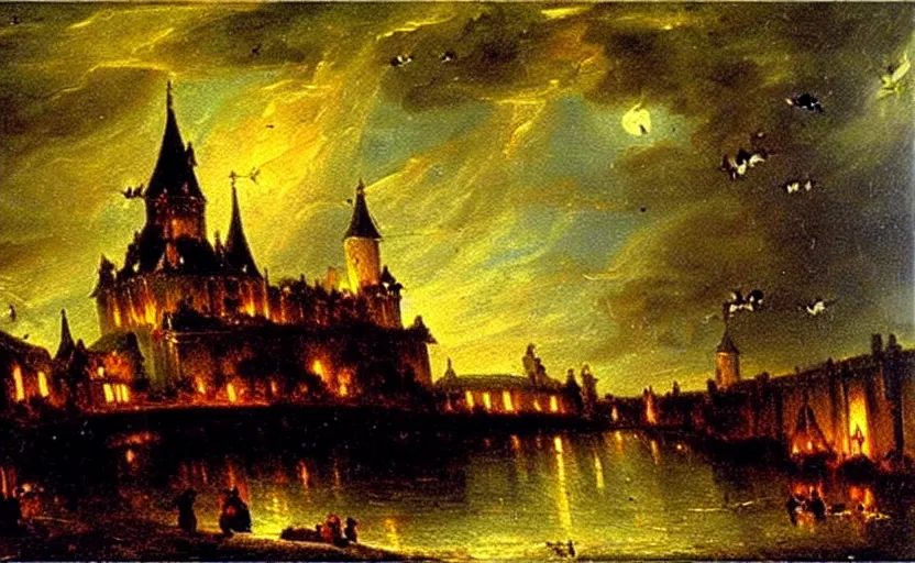 Image similar to oil painting by karl bryullov, french gothic burning! castle at night, bats flying away from castle, blur, bokeh