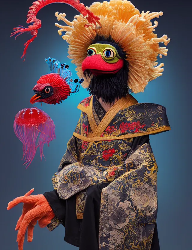 Image similar to 3 d muppet portrait with ram skull. beautiful intricately detailed japanese crow kitsune mask and clasical japanese kimono. betta fish, jellyfish phoenix, bio luminescent, plasma, ice, water, wind, creature, artwork by tooth wu and wlop and beeple and greg rutkowski