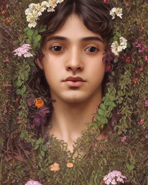 Image similar to 3 / 4 portrait, young male spring god, brown skin, dark hair, dress made of flowers and vines, beautiful, flowers, detailed field background, jewelry, artstation, artgerm, eerie, alphonse mucha, william bouguereau, rossdraws, greg rutkowski, super detailed, illustration, realistic, octane render, sharp focus, cinematic, 8 k