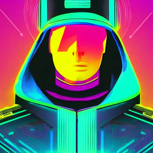 Image similar to a synthwave android with a visor, a sweatshirt, and a cool hat, digital art, cyberpunk, vivid, technological