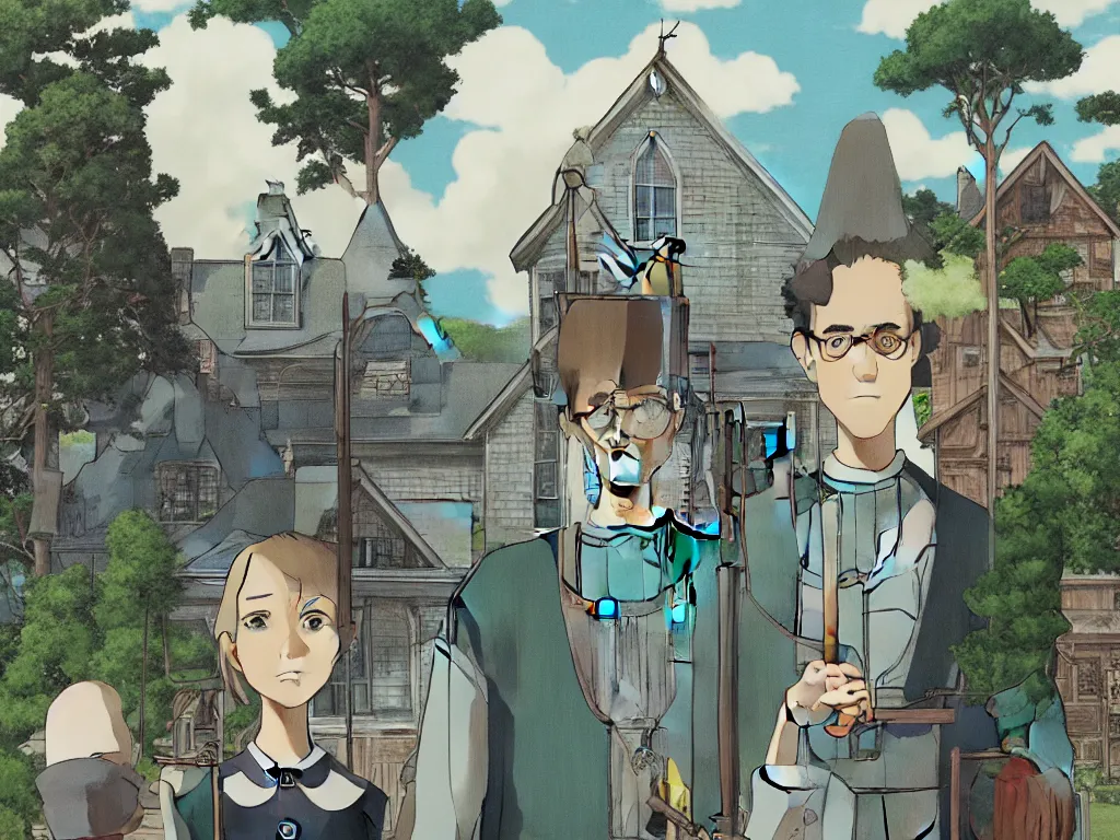 Image similar to american gothic in detailed studio ghibli anime style