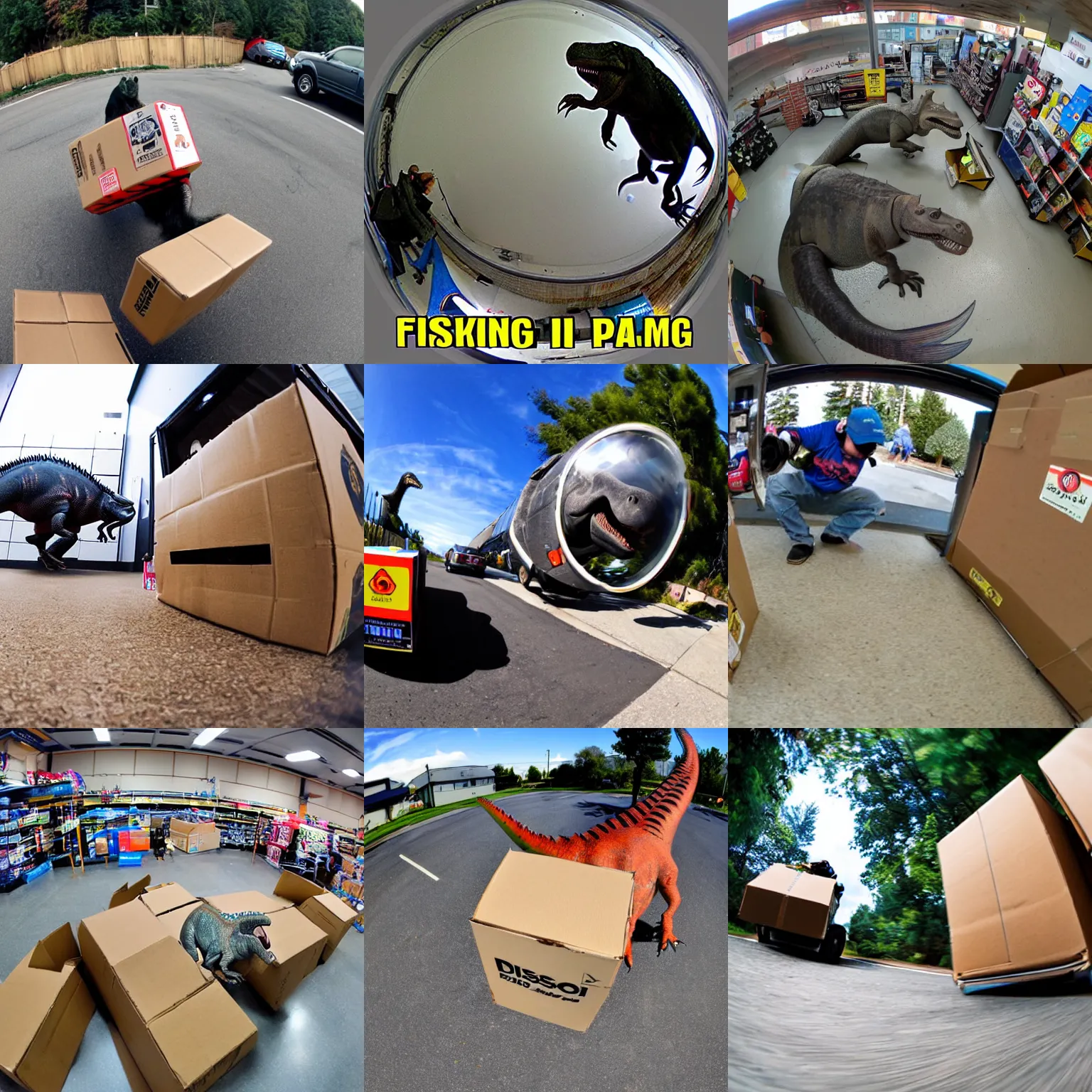 Image similar to Fisheye view of dinosaur stealing packages