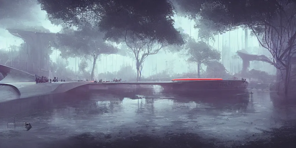 Image similar to render of huge futuristic submarine, by Ian McQue, Rutkowski, lee madgwick and hubert robert, concrete building by le corbusier on the background, puddles of water, trees and bushes, dune style, neon glow, vivid color, moody lighting, unreal engine, bright sunrise, epic skies, foggy