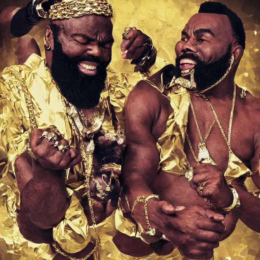 Image similar to mr. t pitying a fool, stylized photo, gold chains, stylized digital art