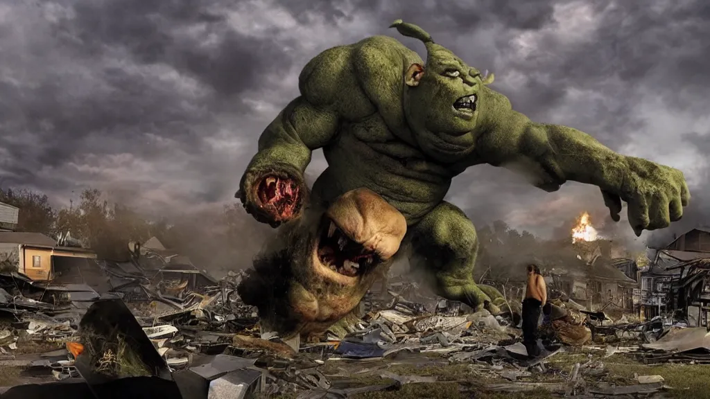 Image similar to a huge violent angry ogre huge violent angry ogre huge violent angry ogre stomps through background trailer homes and smashed trailer homes, people looking on in astonishment