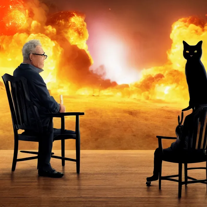 Image similar to cinematic movie, background blur bokeh, old man sitting in chair with black cat watching nuke explosion, world ending nuke, 4 k