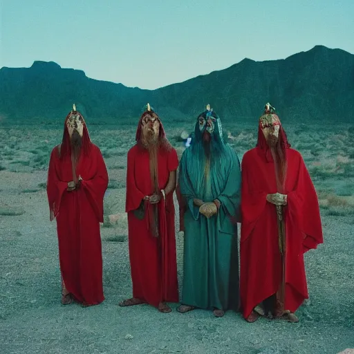 Prompt: a group of esoteric cult members in the desert, by Cinestill 800t trending on Flickr, wear red tunics and a golden mask and jewels