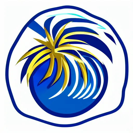 Image similar to waves in bottom front of a palm tree in front of a giant volleyball with seams vector logo, professional sports style, flat colour, svg, professional, sharp edges