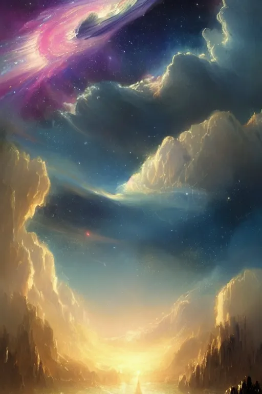 Image similar to A beautiful illustration of a >a colorful nebula kitten galaxy colored Ecru, art by J.M.W. Turner< in the distance landscape surrounded by a lake, hills, blue sky with big clouds by greg rutkowski,borisut chamnan, makoto shinkai and thomas cole, graphic art, anime culture,featured on behance, digital art wallpapers