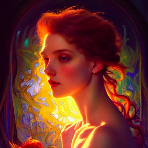 Image similar to bright asthetic portrait LSD glowing backlit, fantasy, intricate, elegant, dramatic lighting, highly detailed, lifelike, photorealistic, digital painting, artstation, illustration, concept art, smooth, sharp focus, art by John Collier and Albert Aublet and Krenz Cushart and Artem Demura and Alphonse Mucha