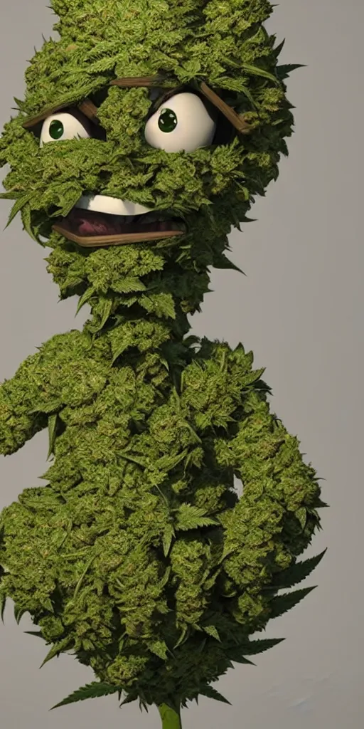 Image similar to funny marijuana character made from a bud, like iamgrout, in an 8k render, photorealistic, with high detail, rendering with octane + ray tracing - illumination, very sharp, ultra sharp, focused