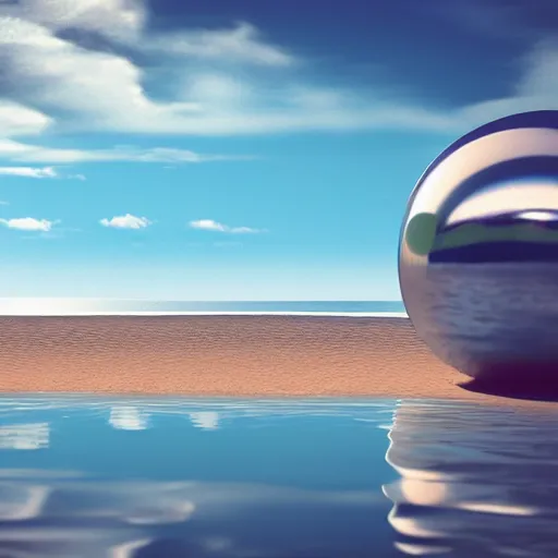 Image similar to smooth reflective chrome spheres floating above a peaceful calm blue ocean landscape, ambient, retro, abstract, surrealism, ray tracing, volumetric light, digital art