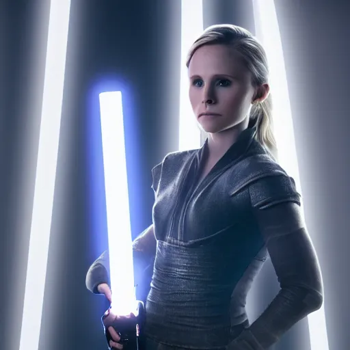 Image similar to Kristen Bell in Star Wars, glowing, dramatic, cinematic, Sony a7R IV, symmetric balance, polarizing filter, Photolab, Lightroom, 4K, Dolby Vision, Photography Award