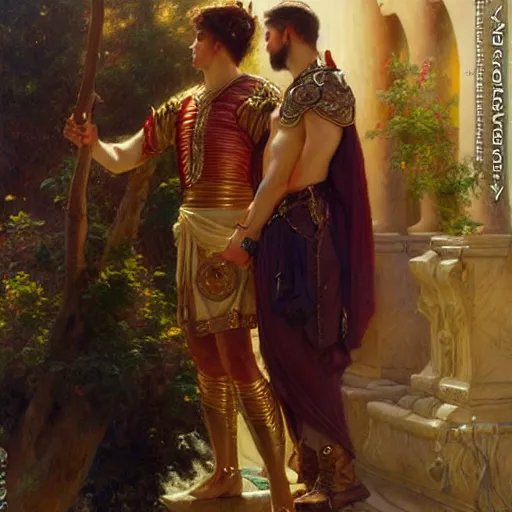 Image similar to attractive fully clothed king confesses his love for his attractive fully clothed male prince. highly detailed painting by gaston bussiere, tom bagshaw, j. c. leyendecker