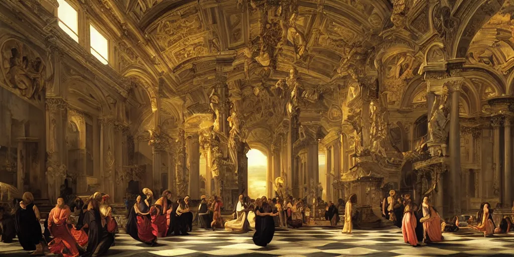 Image similar to beautiful oil matte painting, baroque church caught on fire with people desperate to extinguish the flames, wonderful masterpiece highly detailed, beautiful cinematic light deep focus, elegant, digital painting, smooth, sharp focus, golden ratio, dramatic illumination, ultra realistic, 8 k, art by giovanni bellini and caravaggio