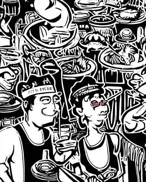 Image similar to “A shrimp man’s party at the restaurant 666, detailed discopunk, retro Lomo graphics”