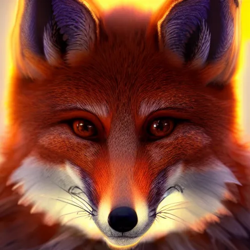 Image similar to a highly detailed portrait of a humanoid light brown fox, with a white muzzle, bright orange eyes, in a purple cloak, artstation, DeviantArt, professional, octane render