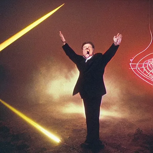 Prompt: robin williams begins the ritual, sacred symbols, red laser light contorting into sacred geometry, john candy rises out of the bbq sauce pool, desaturated, dappled gold light, holy image