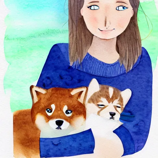 Image similar to a watercolor illustration of a girl with light brown hair, hazel eyes and freckles accompanied by a shiba inu and a cat