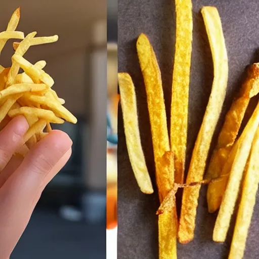 Image similar to photo of [ a single salted french fry chip ] shaped like that looks like stephen fry as a pixar character hybrid intercross mix cinematic lighting