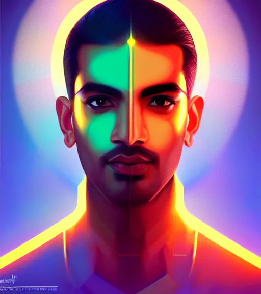 Image similar to symmetry!! indian prince of technology, solid cube of light, hard edges, product render retro - futuristic poster scifi, lasers and neon circuits, brown skin handsome indian prince, intricate, elegant, highly detailed, digital painting, artstation, concept art, smooth, sharp focus, illustration, dreamlike, art by artgerm