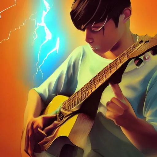 Prompt: a Jake Shimabakuro ukelele guitarist playing so intensely there is electricity shooting out from his guitar, energy beams under his finger tips, and magic sparkles from the freboard, amazing ditial art, trending on artstation, featured on deviantart