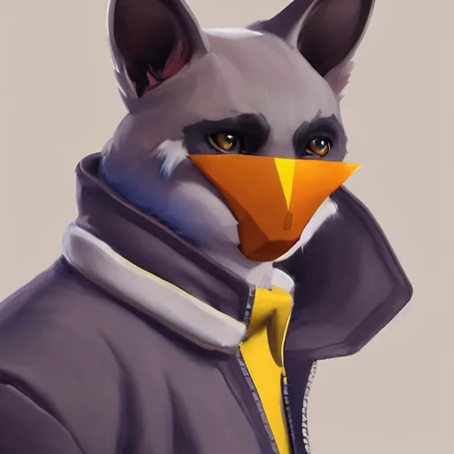 Prompt: Portrait painting an anthropomorphic gray cat wearing a jacket and a collar, as an Overwatch character, medium shot, asymmetrical, profile picture, Organic Painting, sunny day, Matte Painting, bold shapes, hard edges, street art, trending on artstation, by Huang Guangjian and Gil Elvgren and Sachin Teng