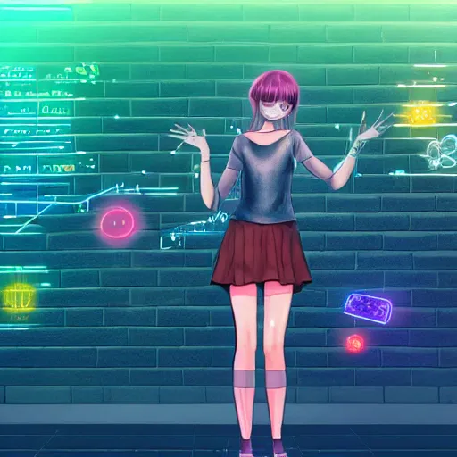 Image similar to hyperdetailed digital beautiful girl wearing a short skirt in the rain interacting with a holographic interface on a wall in a future cyber punk style city trending on art station