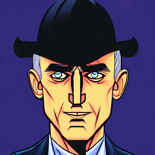 Image similar to solid glowing eyes, digital portrait of secretary of denis mcdonough face with solid glowing eyes, cover art of graphic novel, evil laugh, menacing, Machiavellian puppetmaster, villain, simple style, solid colors, clean lines, clean ink, trending on artstation