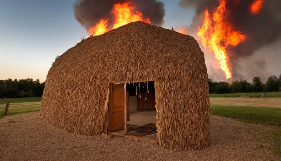 Prompt: a Barndominiums house made of straw with a meteorite falling from the sky, fire in the background 4k photography award winning,